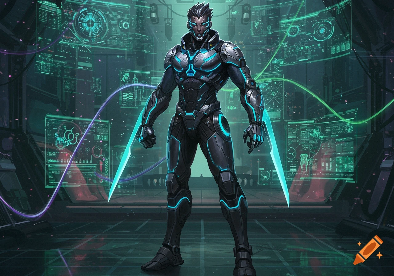 A futuristic warrior in black and blue glowing armor holds two energy blades in a high-tech, data-filled room.