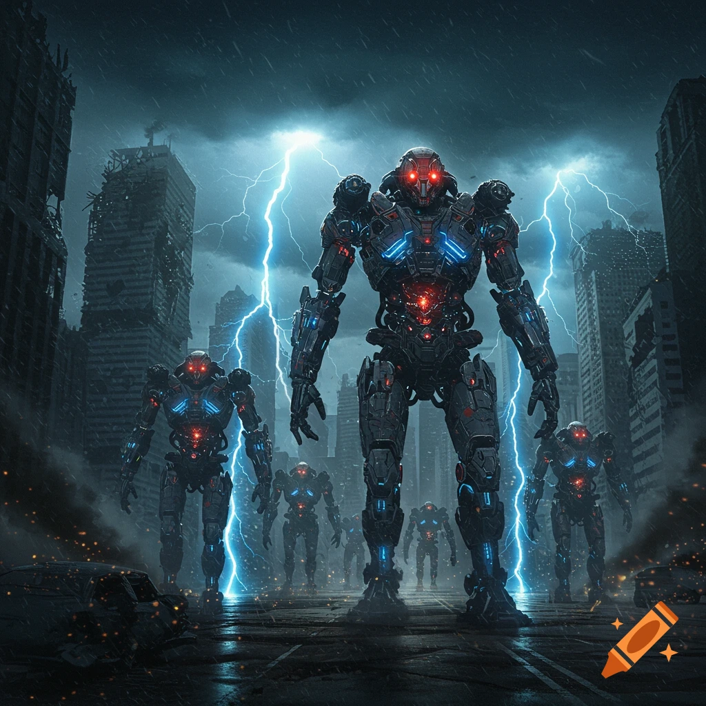 Multiple gigantic armored robots with glowing lights march through a ruined city under a stormy, lightning-filled sky.