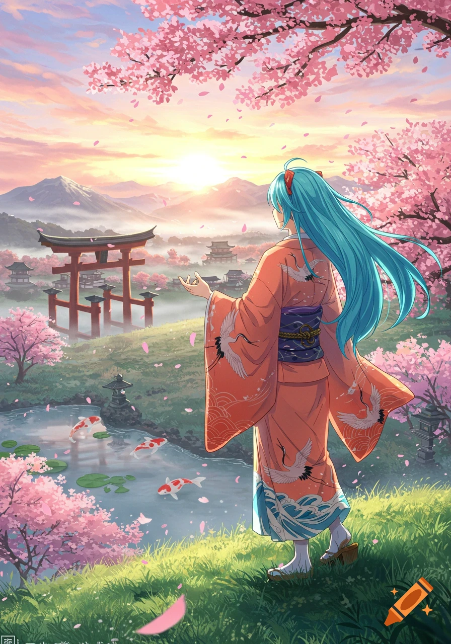 Anime girl in kimono gazing at a Japanese landscape with cherry blossoms, torii gate, koi pond, and sunset.
