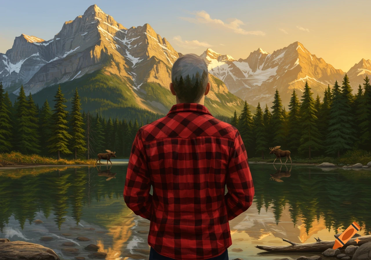 Person in red plaid shirt views a mountain lake, forest, and moose under a golden sky, with a stylized forest on their head.