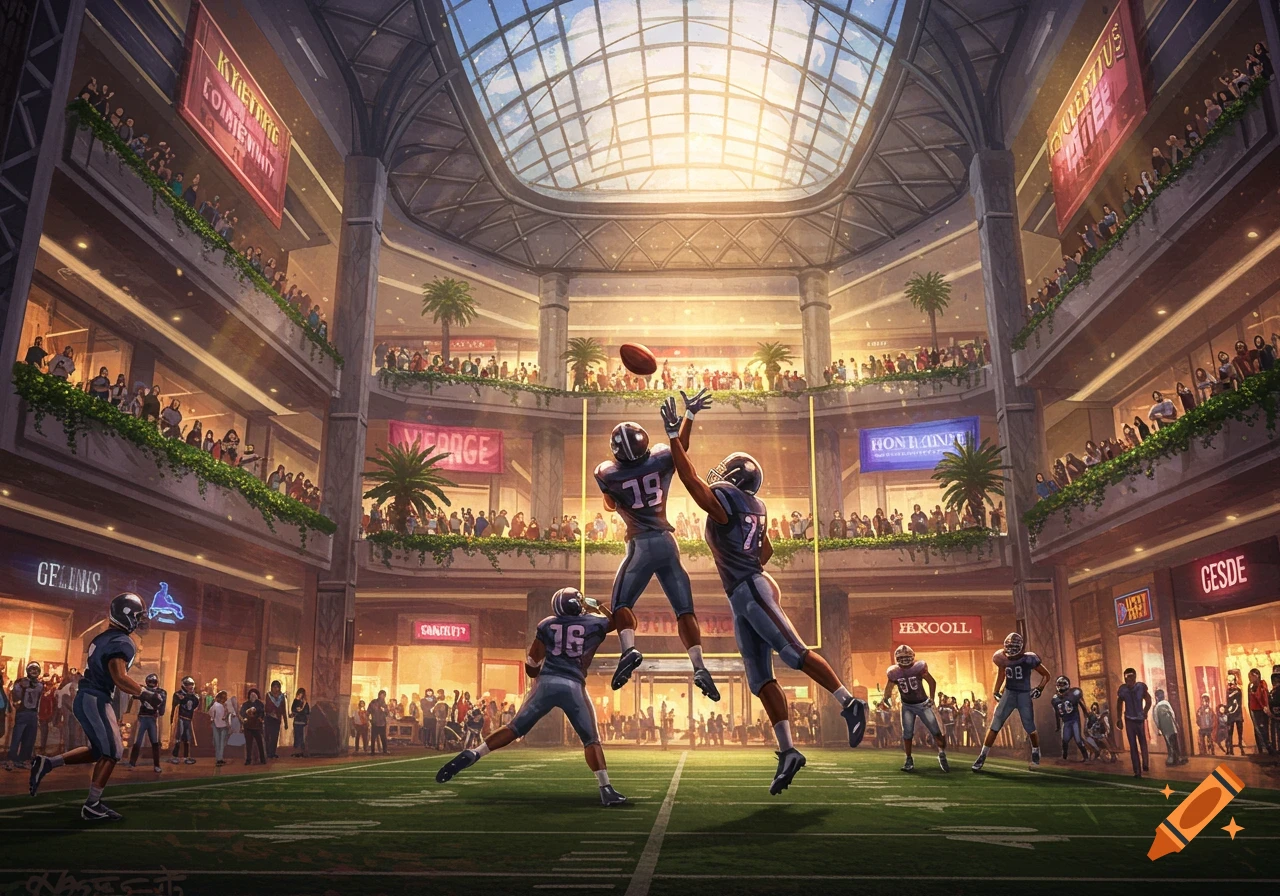 American football players in action on a field inside a multi-level shopping mall, watched by crowds on balconies under a skylight.