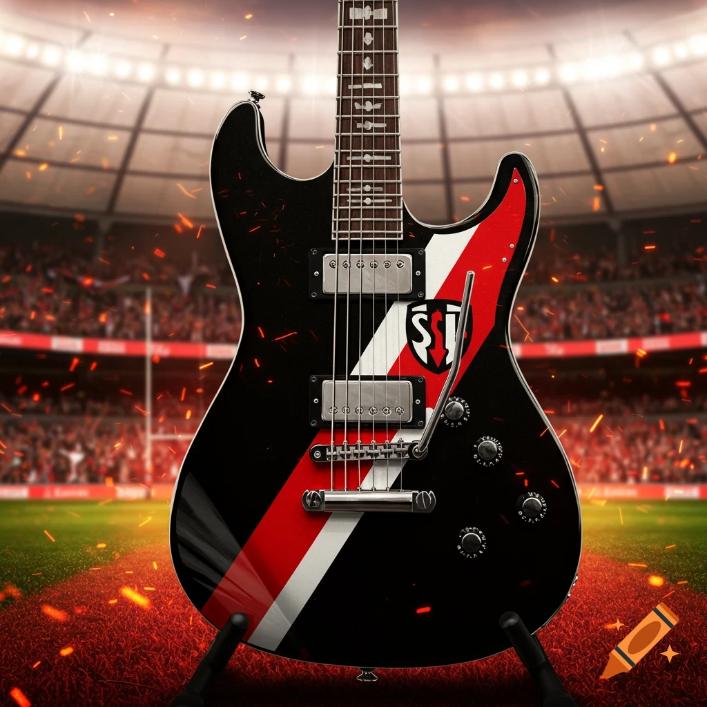 Close-up of a black electric guitar with red and white stripes, featuring a stylized 'SSI' logo, set against a blurred stadium background with fiery particles.