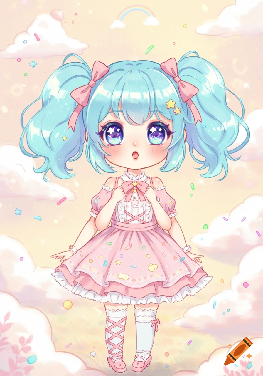 A cute, chibi anime girl with light blue pigtails and a pastel pink dress stands on clouds with a rainbow overhead.
