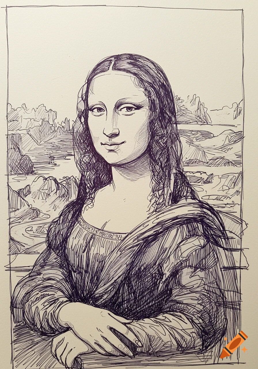 Black and white pen and ink line drawing of the Mona Lisa portrait against a sketched landscape.