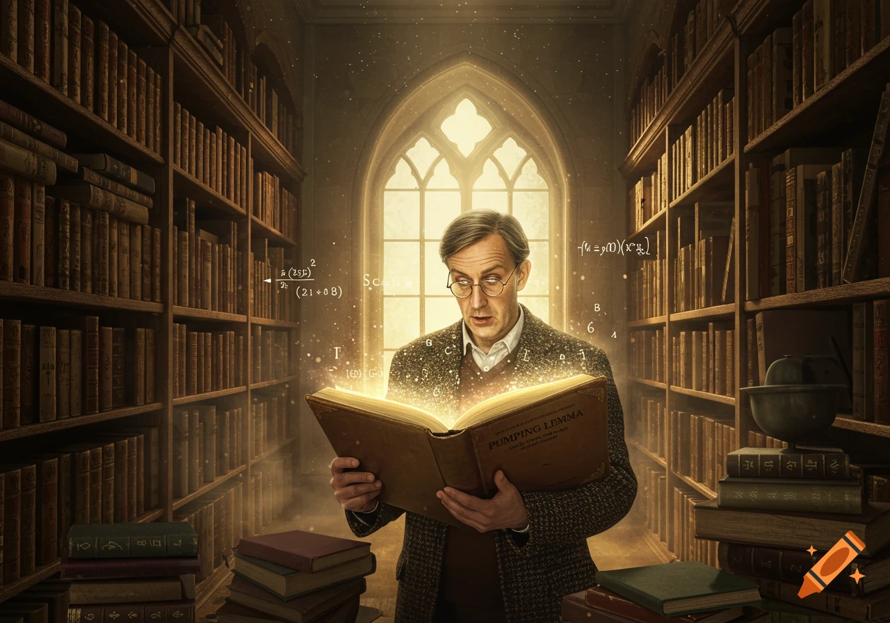 An elderly man with glasses reads a glowing book titled "Pumping Lemma" in a magical library.