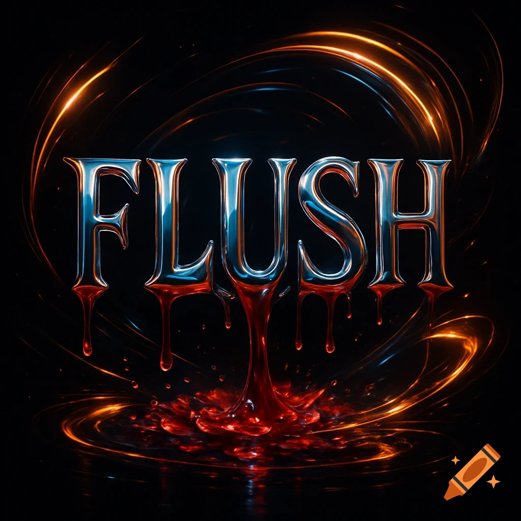 Metallic, dripping silver letters spelling "FLUSH" with red liquid, surrounded by fiery orange and blue light streaks on a dark background.