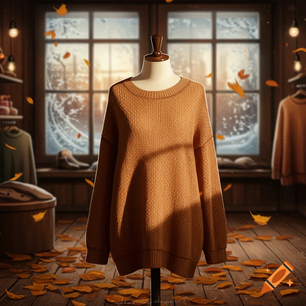 Photorealistic image of a brown knitted sweater on a mannequin in a cozy, autumnal room with fallen leaves.