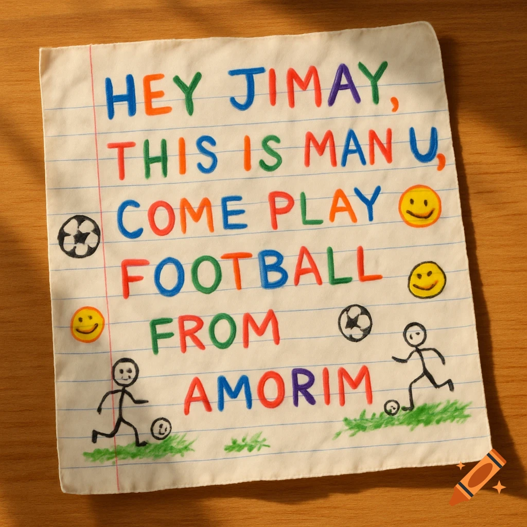 A drawing on lined paper with colorful text 'Hey Jimay, this is Man U, come play football from Amorim,' featuring stick figures playing soccer and smiley faces.