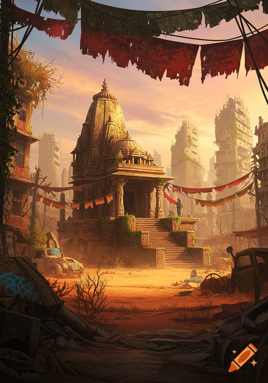 A detailed digital painting of a ruined city with a large temple, debris, and overgrown buildings at sunset, in a post-apocalyptic style.