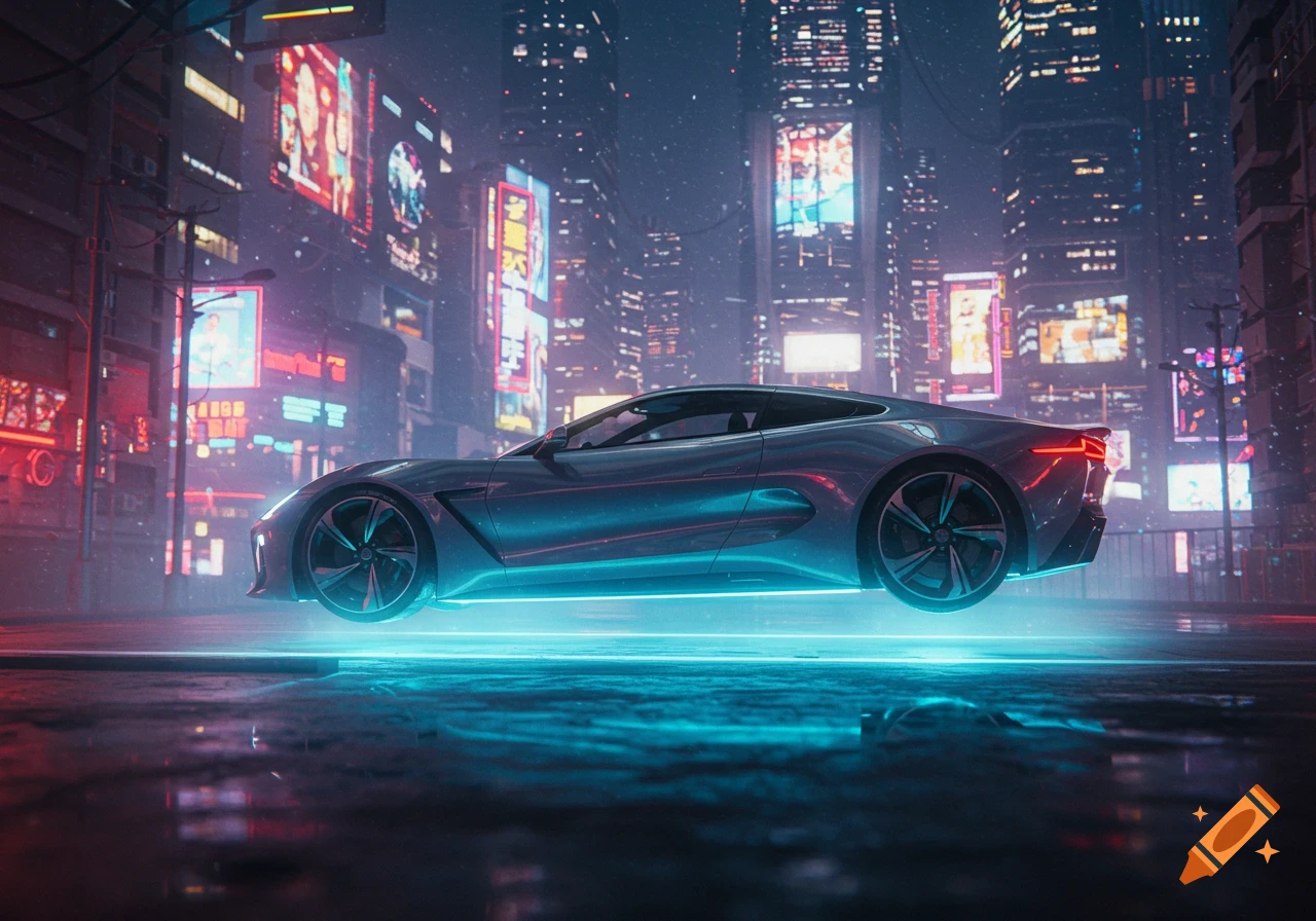 A futuristic silver sports car with neon blue underglow hovers on a wet street in a neon-lit cyberpunk city at night.
