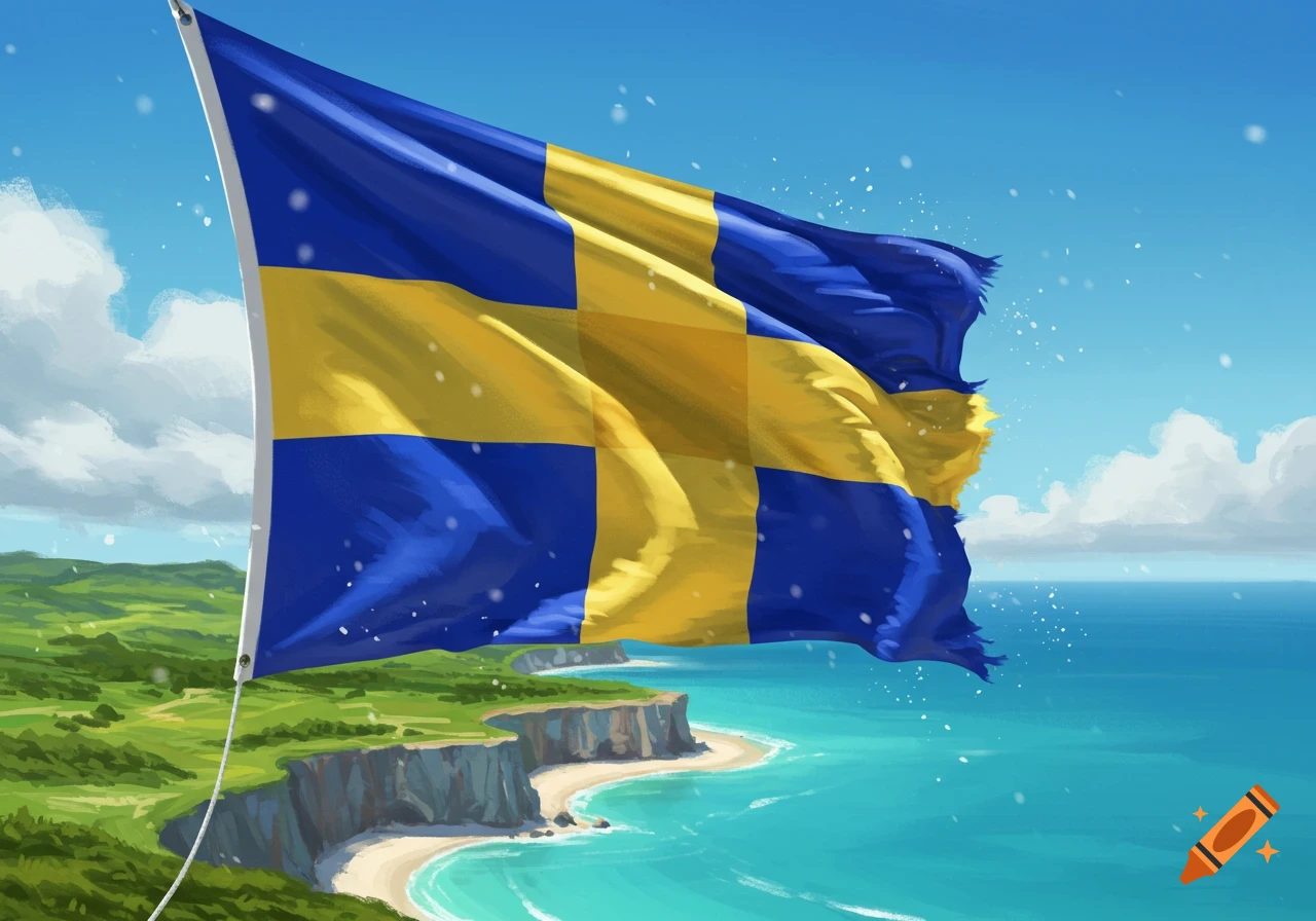 A blue and gold checked flag with tattered edges flaps over a green clifftop coast and turquoise ocean under a bright blue sky.