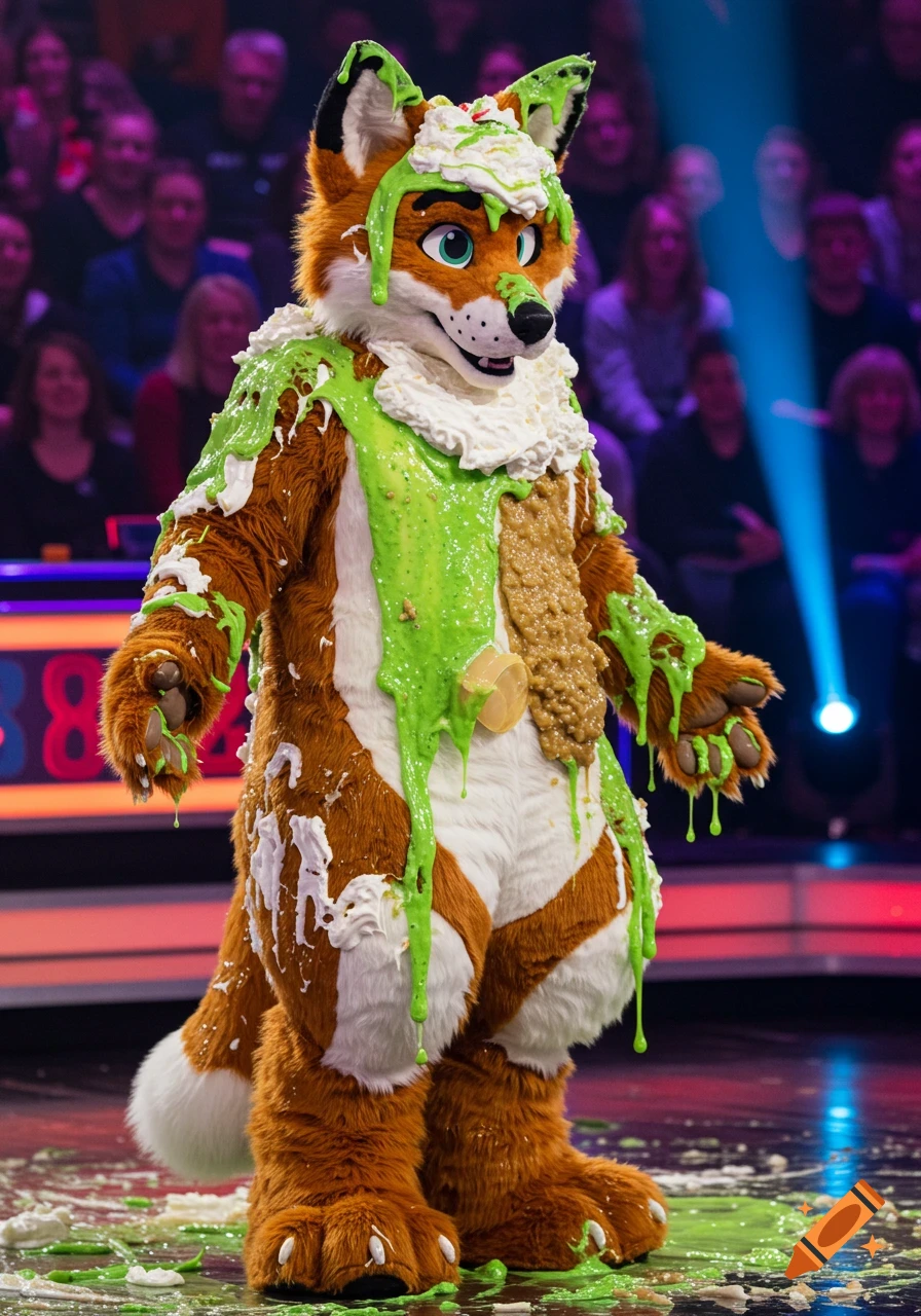 A fox fursuit on a game show stage, covered in green slime, whipped cream, and brown lumpy substances.