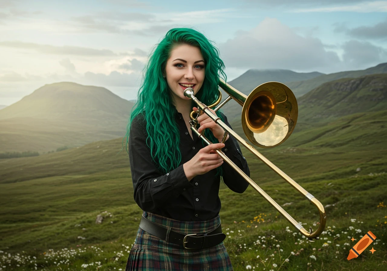 Young woman with vibrant green hair and a nose ring plays a trombone in a photorealistic green, hilly Scottish landscape.