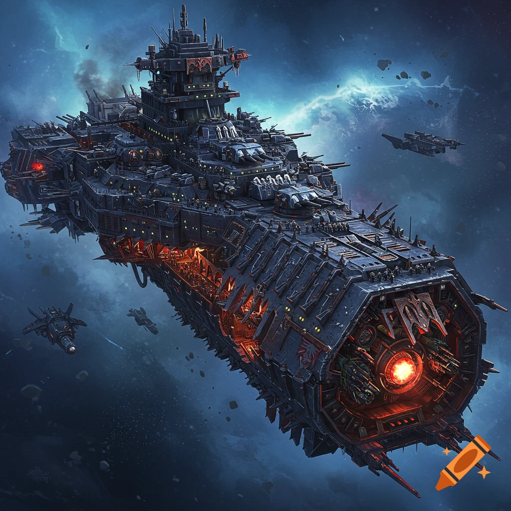 Massive gothic spaceship with glowing red engines and numerous turrets flying through dark, cloudy space with smaller ships.