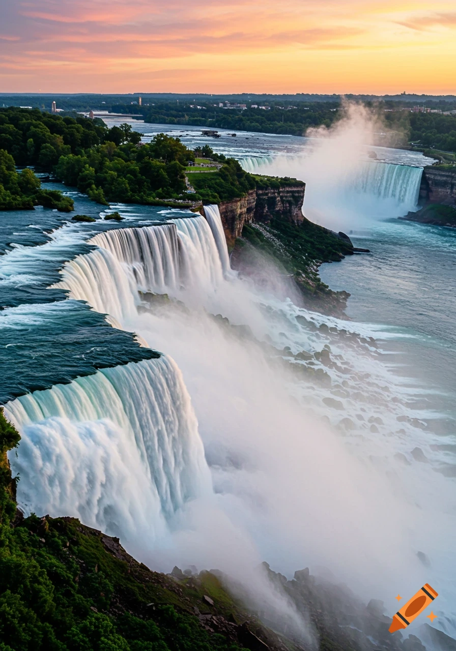 Aerial view of Niagara Falls at sunset, showing multiple powerful cascades, mist, green cliffs, and a vibrant orange sky.