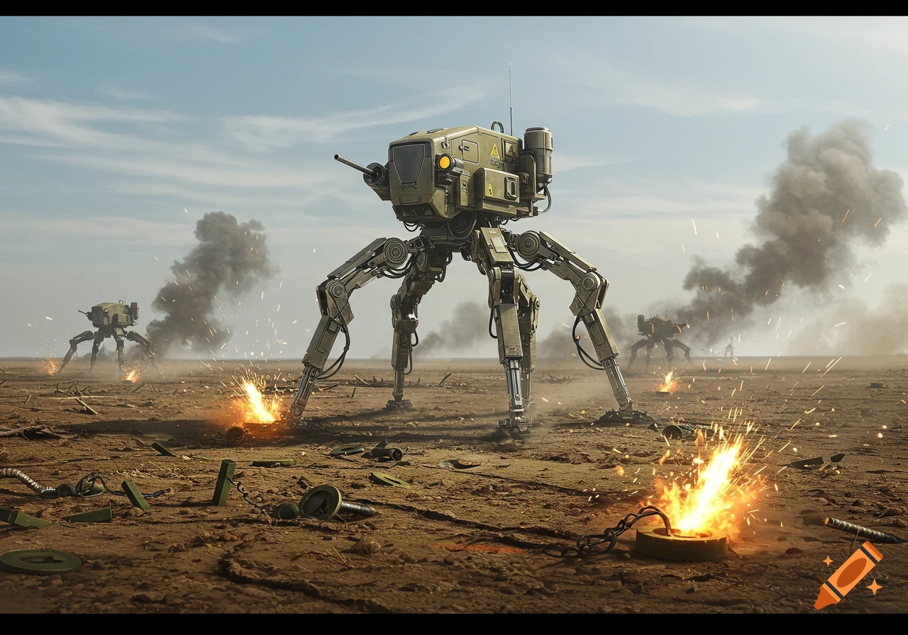 A desert landscape with multiple large, multi-legged military robots, one in the foreground, detonating landmines with fiery explosions.