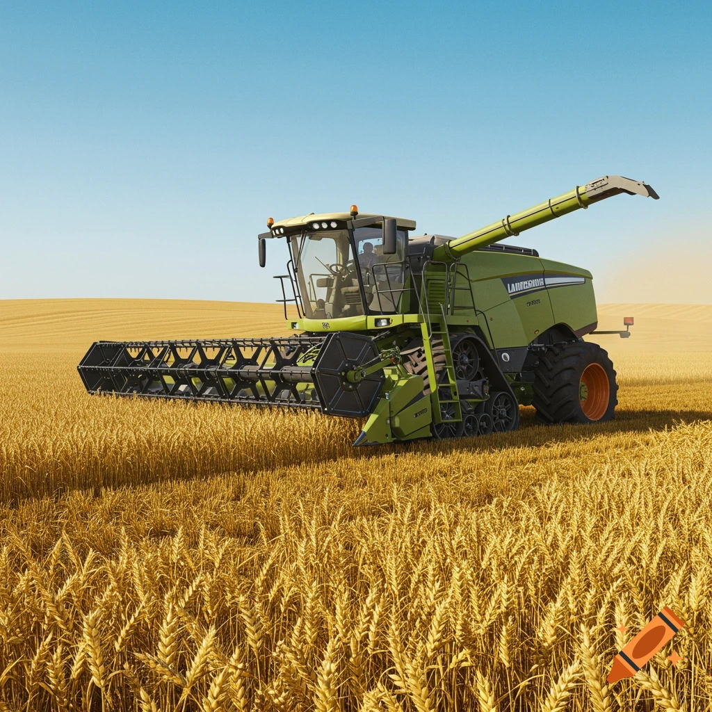 A large green combine harvester with tracks and one large orange wheel sits in a golden wheat field under a clear blue sky.