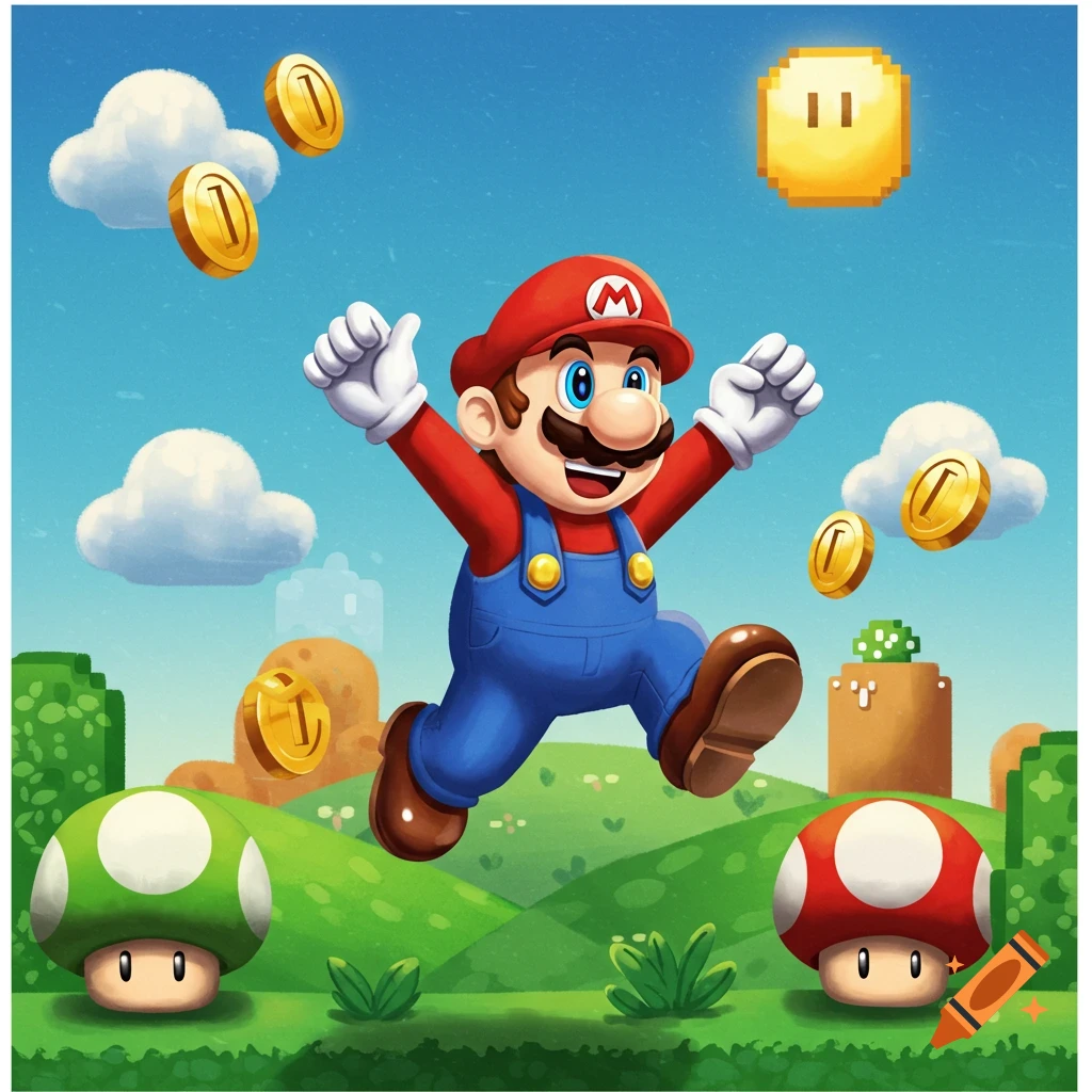 Cartoon Mario jumps happily in a vibrant green landscape with floating coins, clouds, and red and green mushrooms.