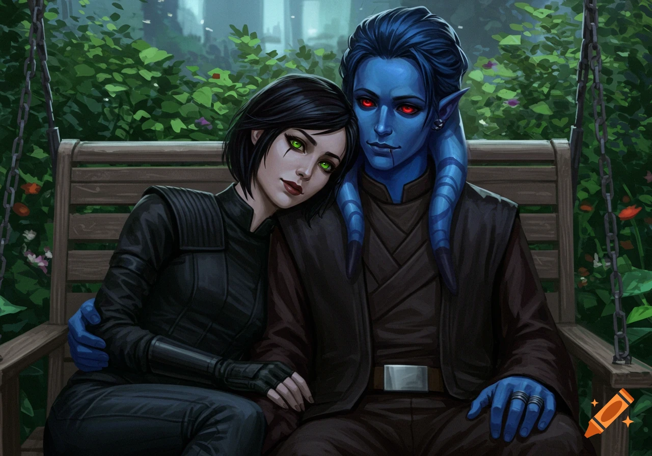 Digital painting of a human woman with green eyes and black hair leaning on a blue-skinned alien man with red eyes on a garden swing.