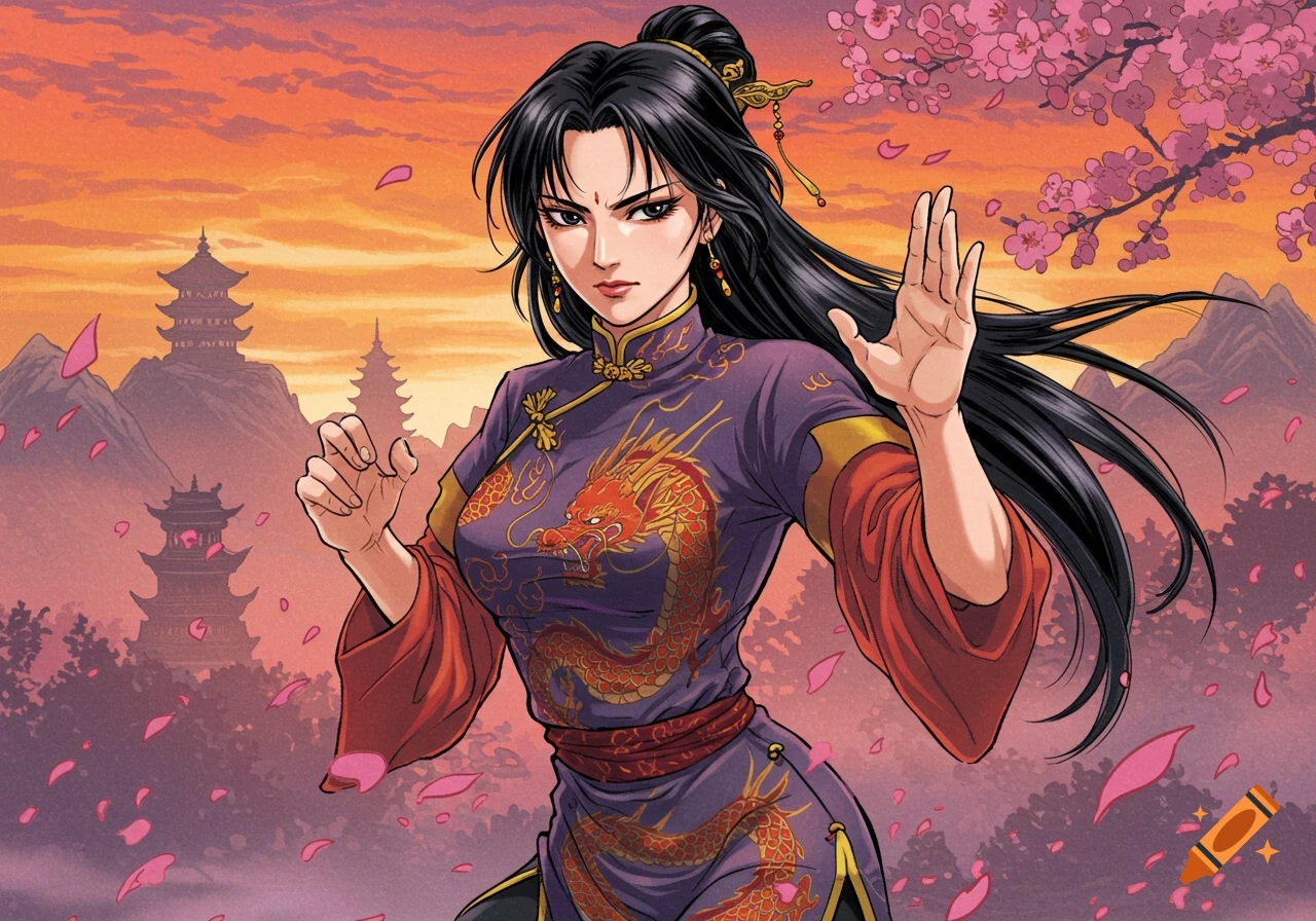 Manga style illustration of a Chinese woman in a purple dragon-embroidered dress, striking a martial arts pose with pagodas and cherry blossoms in the background.