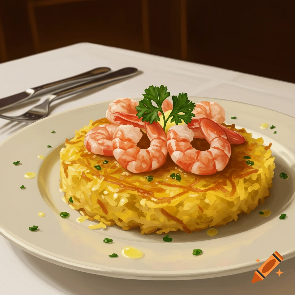 Illustrative painting of shrimp and golden potato rösti with parsley on a white plate, cutlery in background.