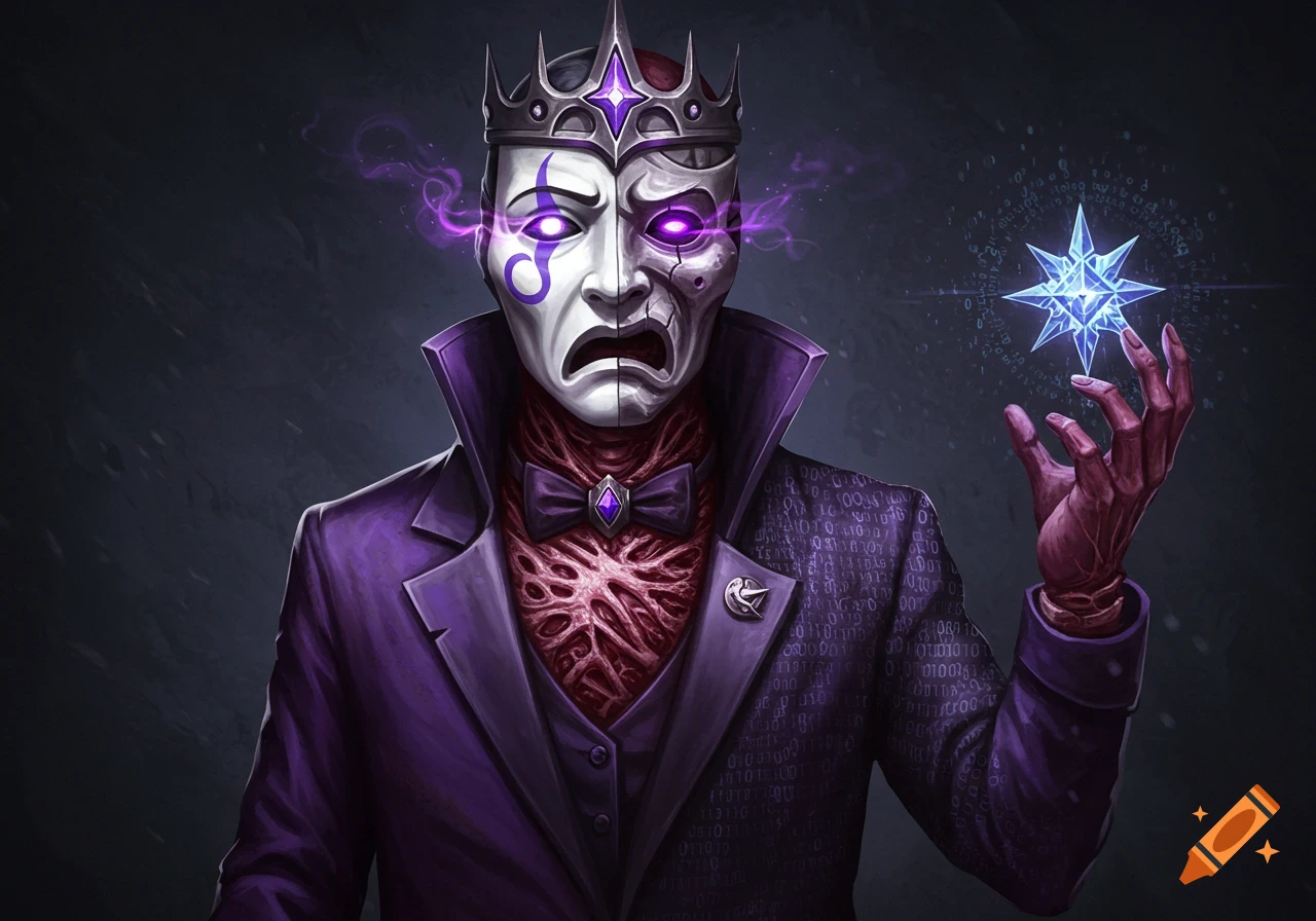 A masked king with half a white tragedy mask and half a decayed skull, wearing a purple suit with binary code and an exposed fleshy chest, holding a glowing blue star.