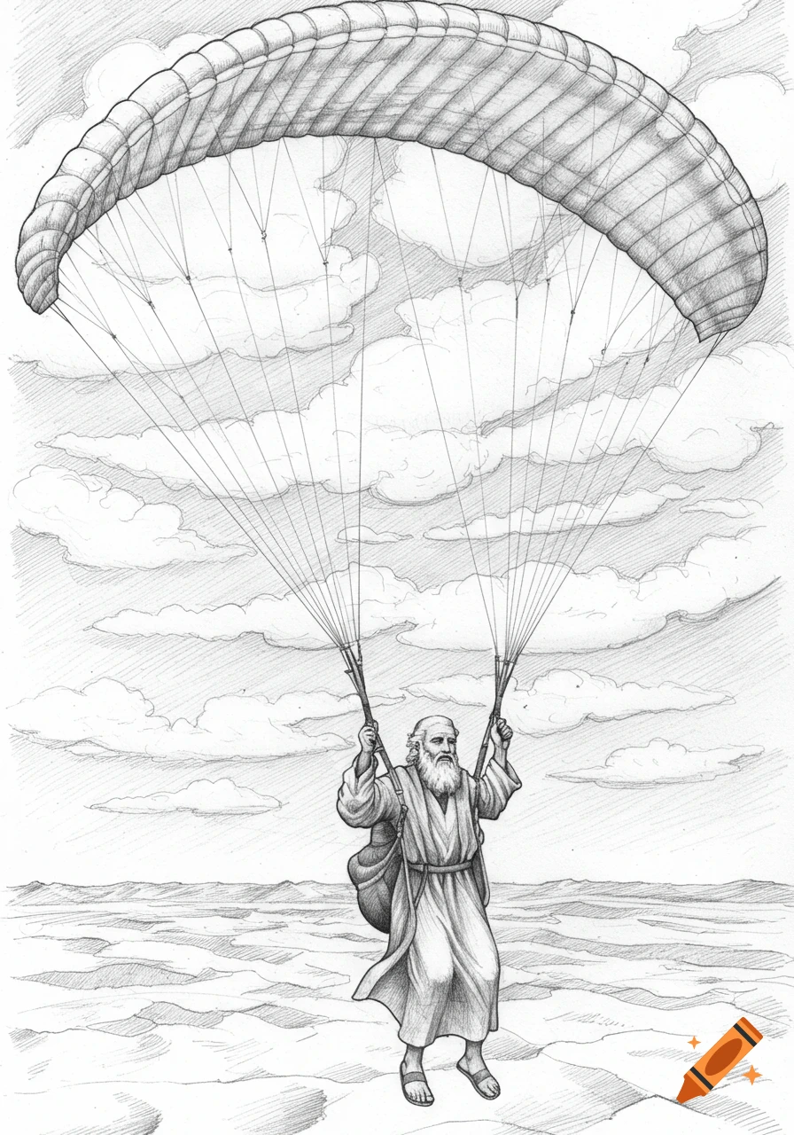 A pencil drawing of Abraham, the biblical character, paragliding over a desert landscape.