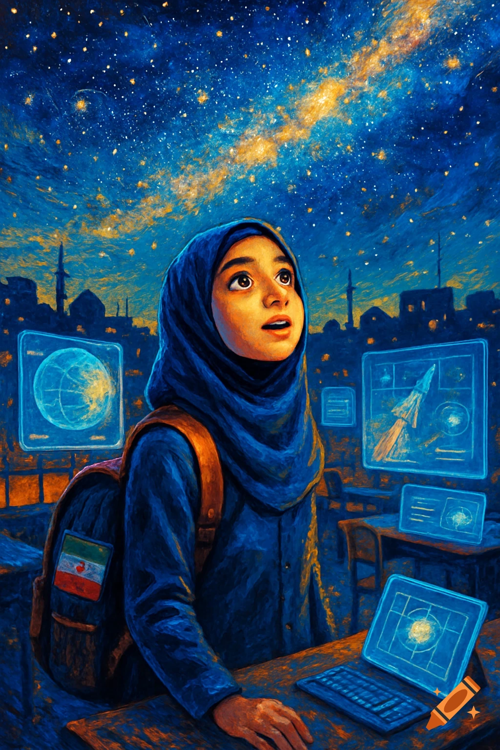 A young student in a blue hijab and backpack looks up at a starry night sky, with glowing holographic screens in a classroom, in a painterly style.