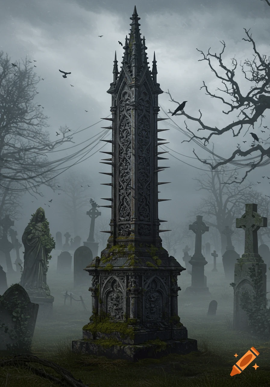A dark, misty gothic graveyard featuring a spiked pillar, ancient gravestones, bare trees, and crows under a cloudy sky.