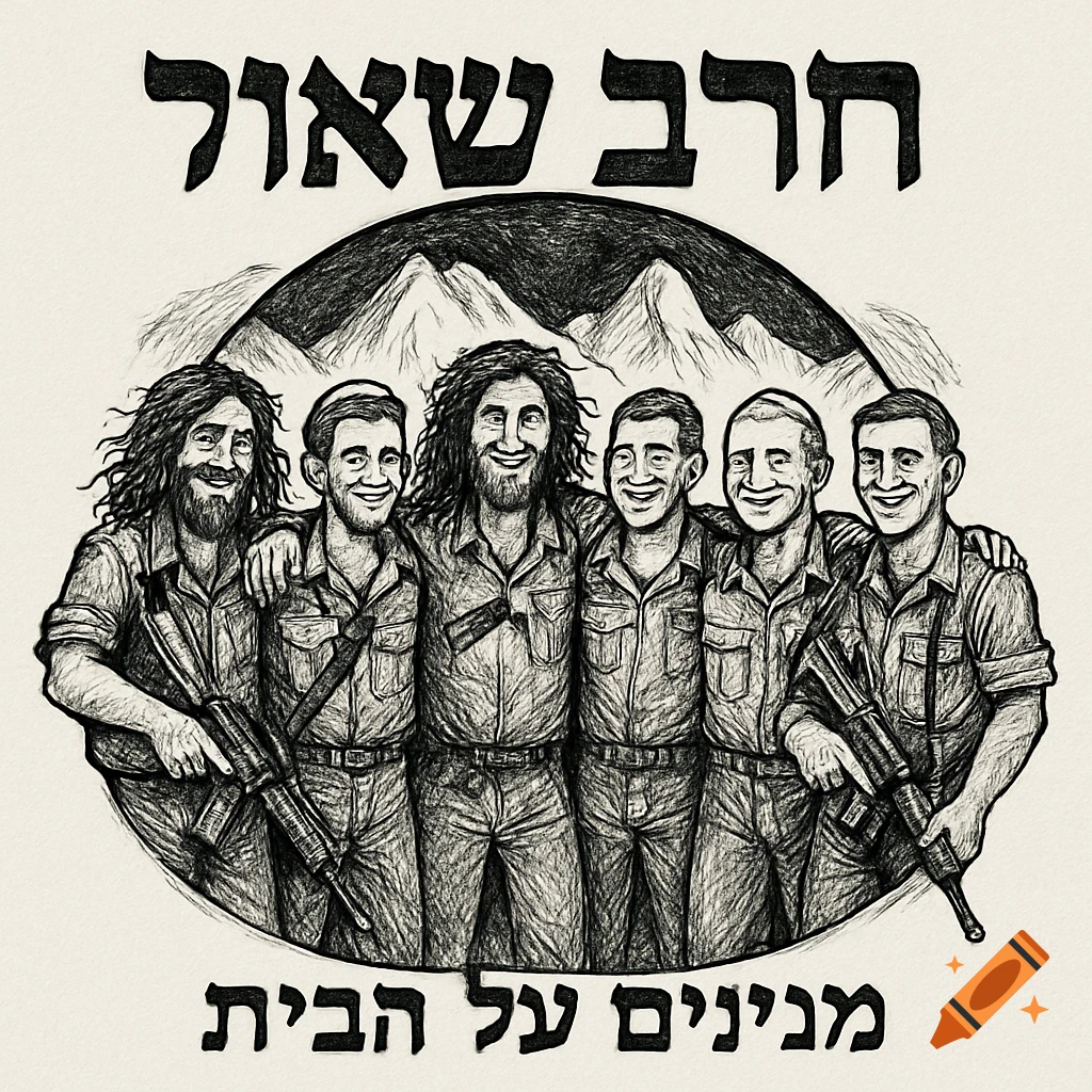 Black and white sketch of six smiling male soldiers in uniform, some with long hair, two wearing yarmulkes, standing together with mountains in the background. Two soldiers hold rifles. Hebrew text is above and below them.