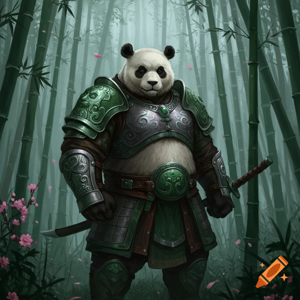A majestic panda warrior in ornate green and silver armor stands in a dense bamboo forest, holding a sword.