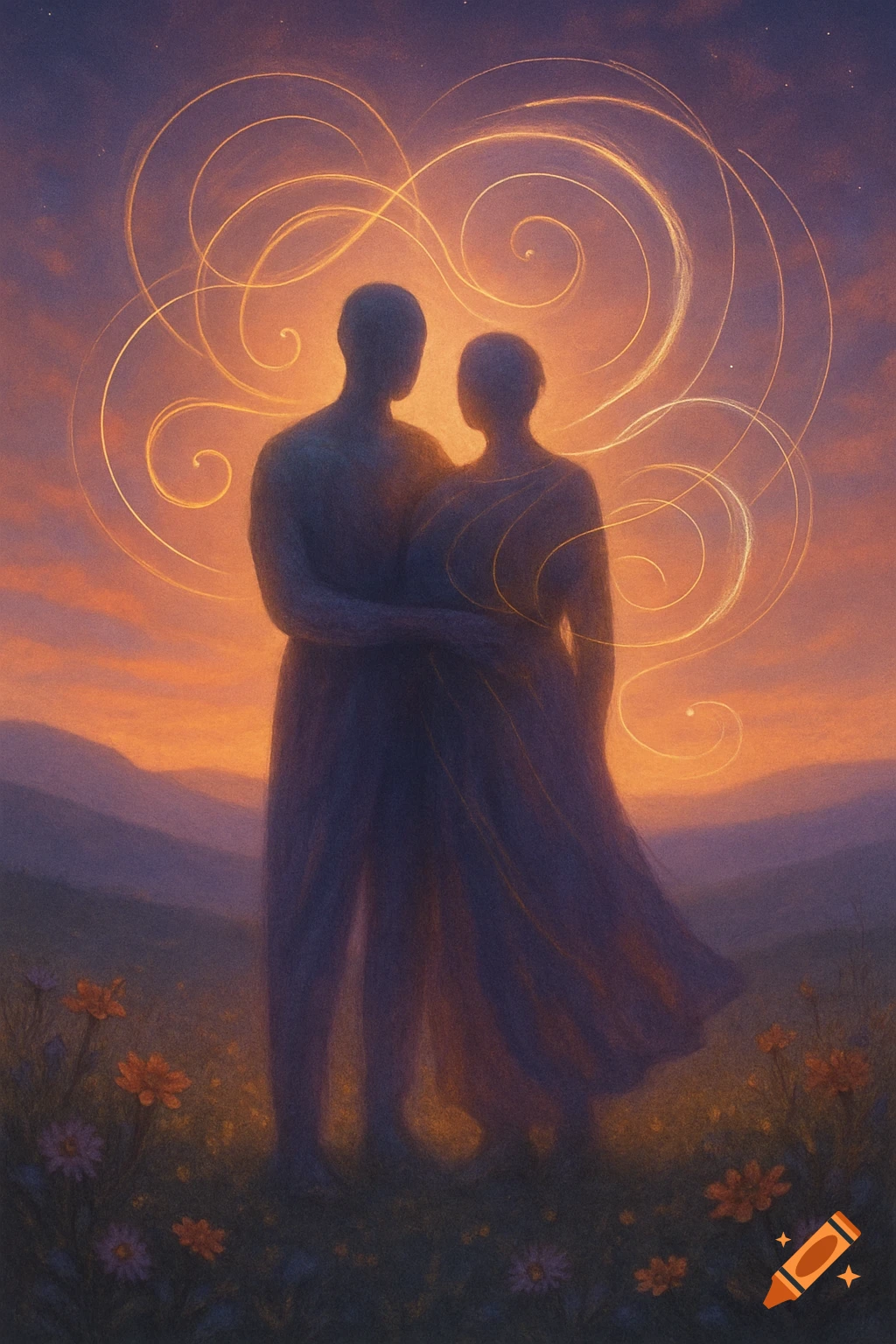 Silhouettes of two people embracing, surrounded by glowing golden lines, against a warm sunset sky in a field of wildflowers.