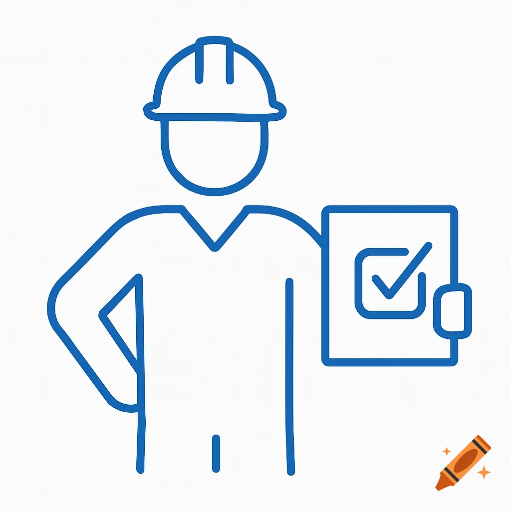 Blue line art icon of a worker in a safety helmet holding a certificate with a checkmark.
