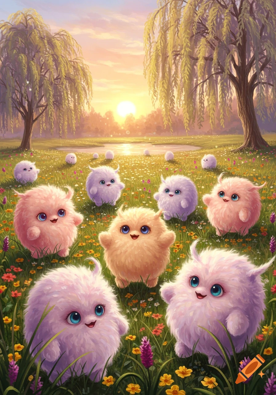 Adorable fluffy pink, purple, and orange creatures with big blue eyes in a wildflower field with willow trees at sunset.