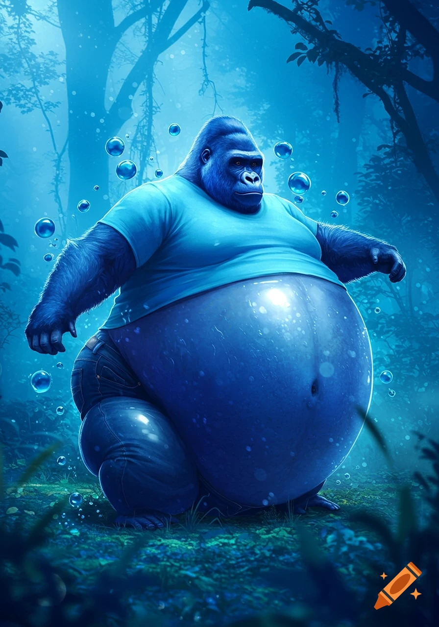 A huge blue gorilla with a shiny, inflated blueberry-like belly stands in a mystical blue forest.