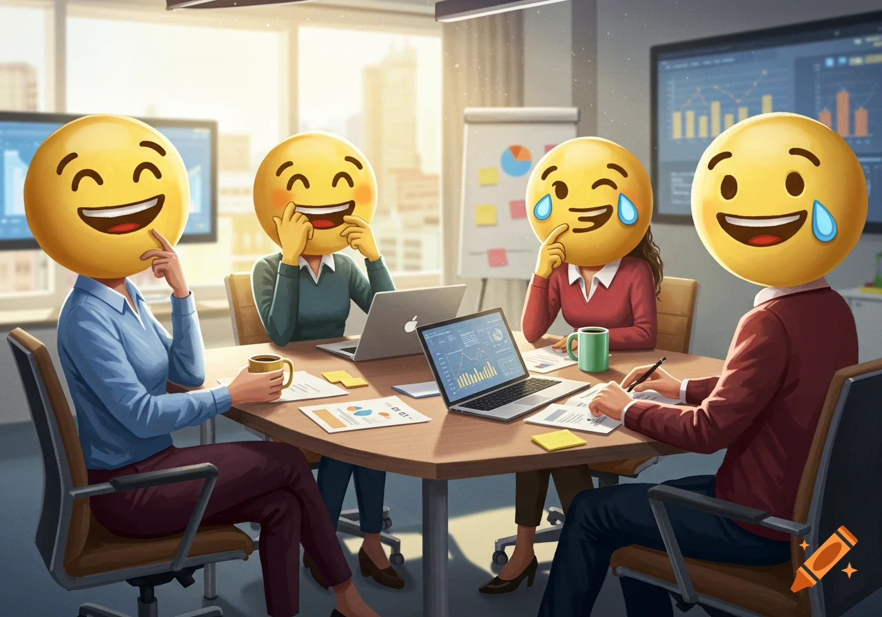 Four people with laughing emoji heads sit around a conference table with laptops and documents, in a brightly lit office.