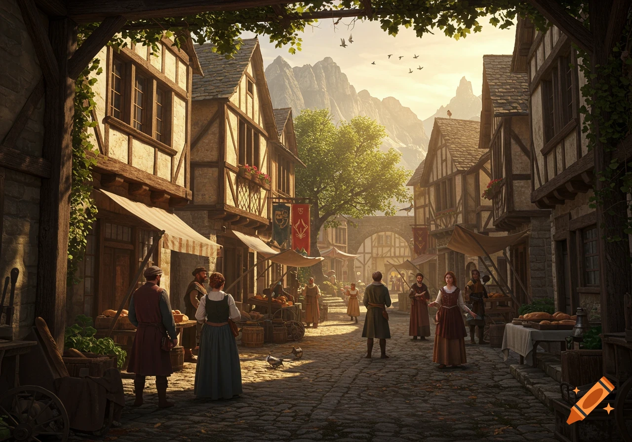 Photorealistic scene of a bustling medieval market street with half-timbered houses, vendors, and distant mountains under a golden sky.