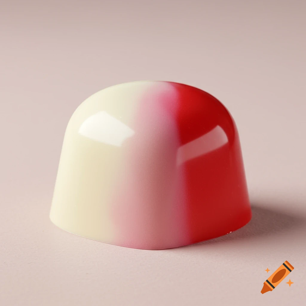 A bell-shaped chocolate with a smooth, glossy surface, transitioning from white to pink to red against a light pink background.