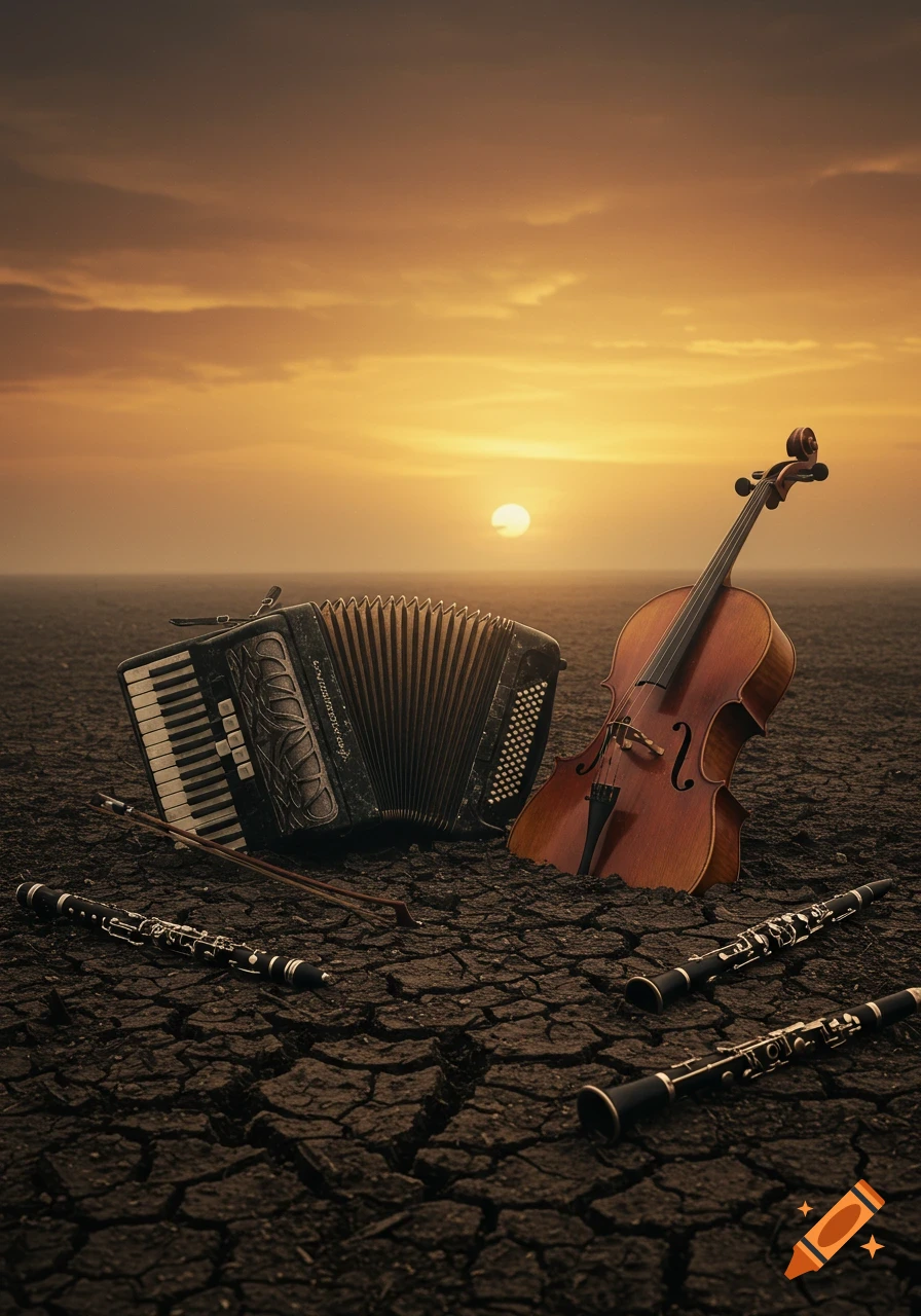 Accordion, cello, and clarinets on cracked earth under a dramatic orange sunset.