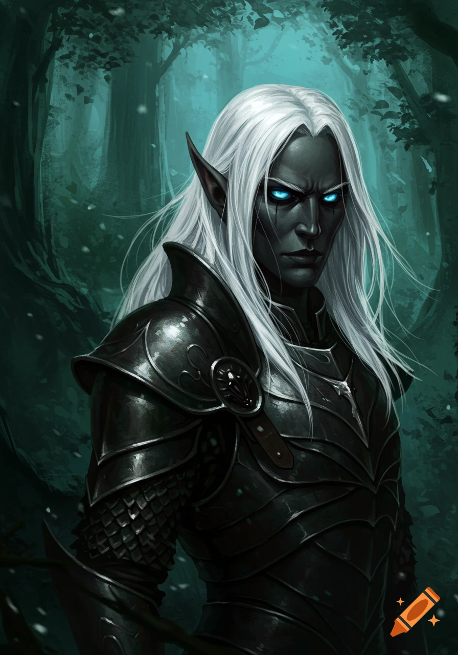 A dark elf with long white hair and glowing blue eyes in black armor stands in a mystical forest.