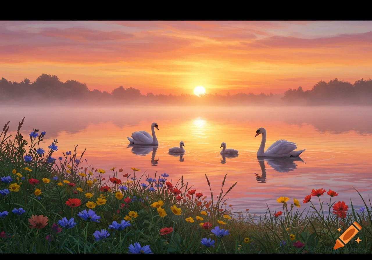 A serene sunrise over a misty lake with two adult swans and two cygnets swimming, surrounded by colorful wildflowers on the bank.