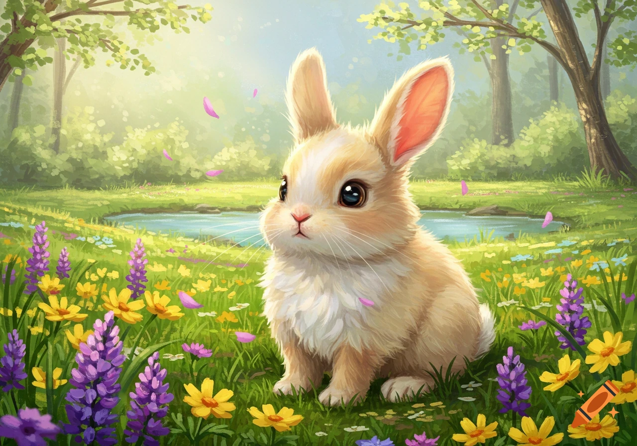 A cute, fluffy bunny with big eyes sits in a vibrant spring meadow with purple and yellow flowers, a pond, and trees in a stylized illustration.