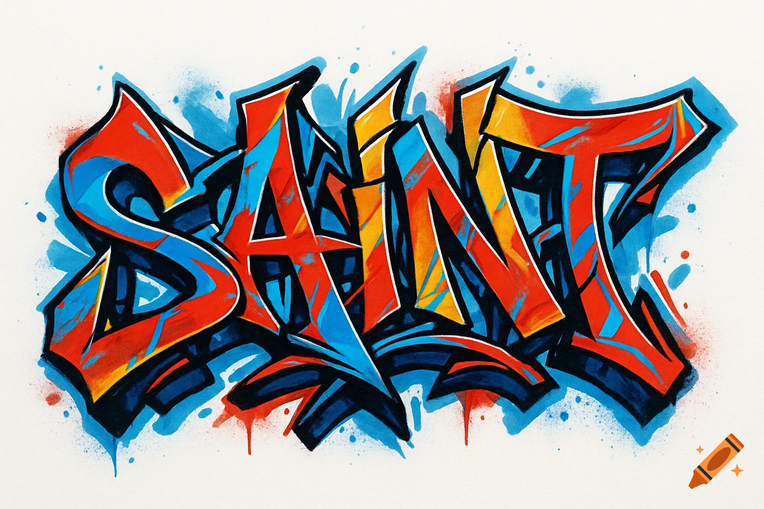 Colorful wild style graffiti art spelling "SAINT" with red, blue, and yellow on a white background.