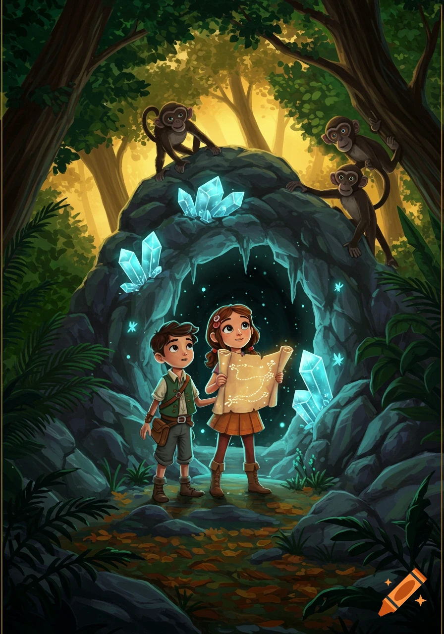 Cartoon of two children with a glowing map in front of a crystal cave, monkeys in jungle trees above, adventure illustration.