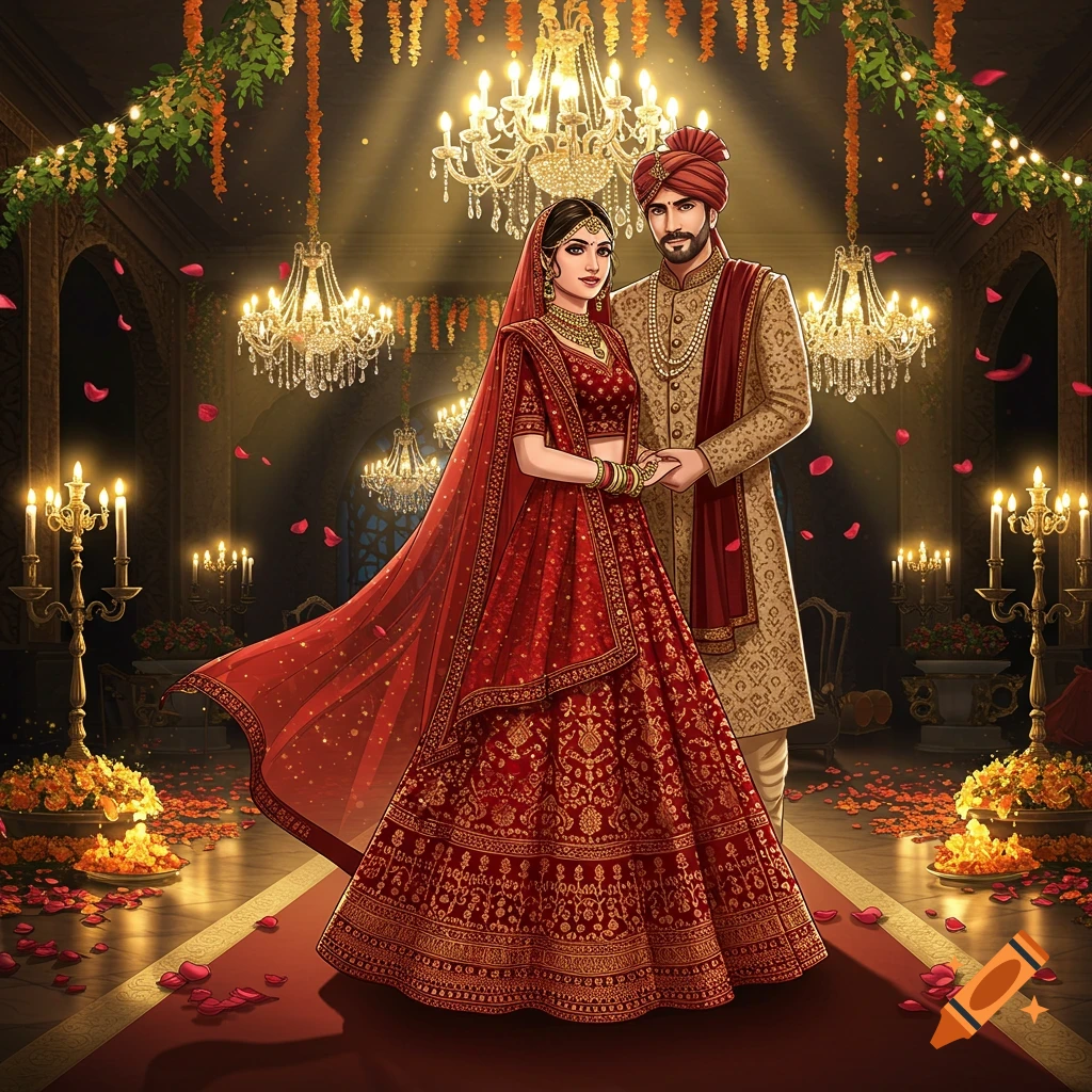 Anime-style Indian bride in red lehenga and groom in sherwani pose in a grand hall with chandeliers and flower garlands.