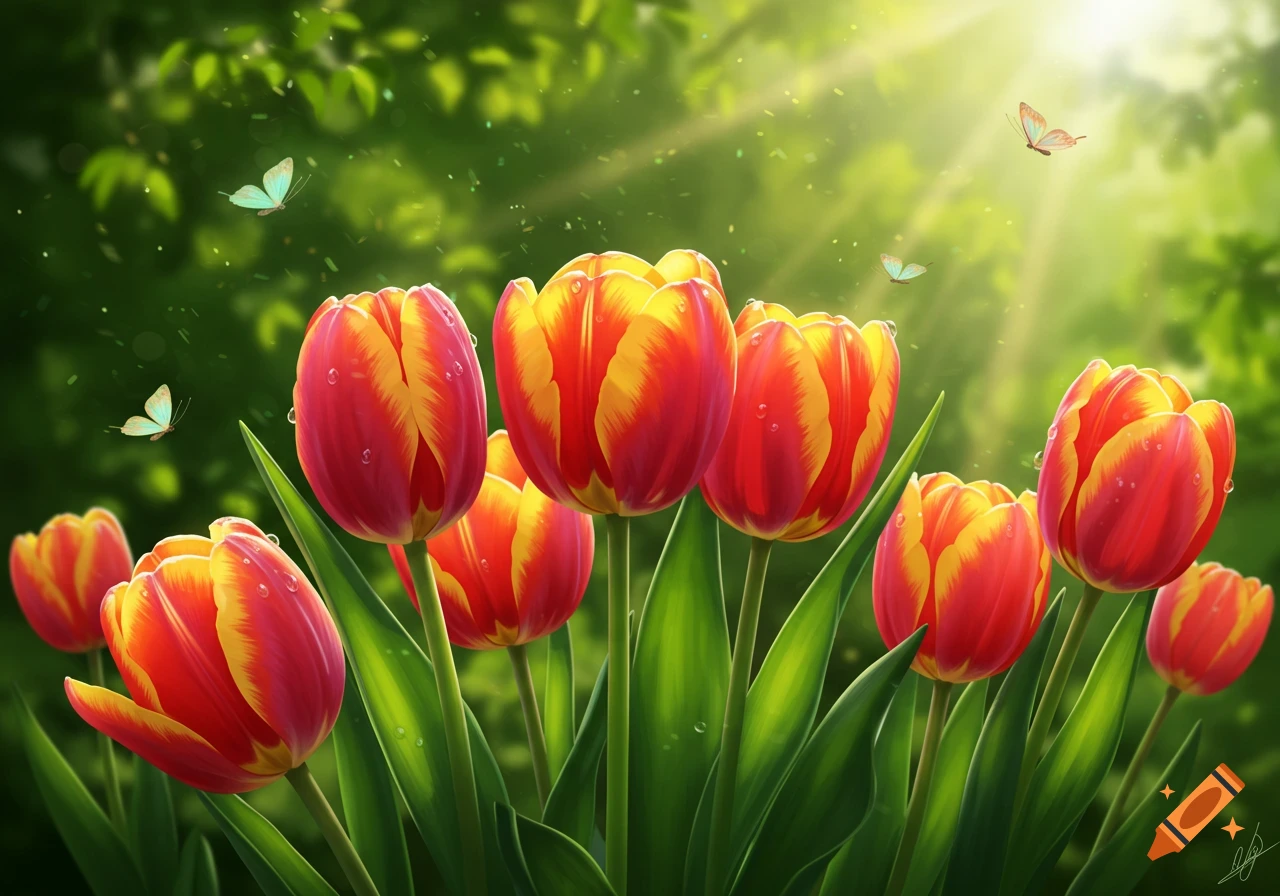 Vibrant red and yellow tulips with water droplets, butterflies, and sunbeams in a lush green garden, digital art.