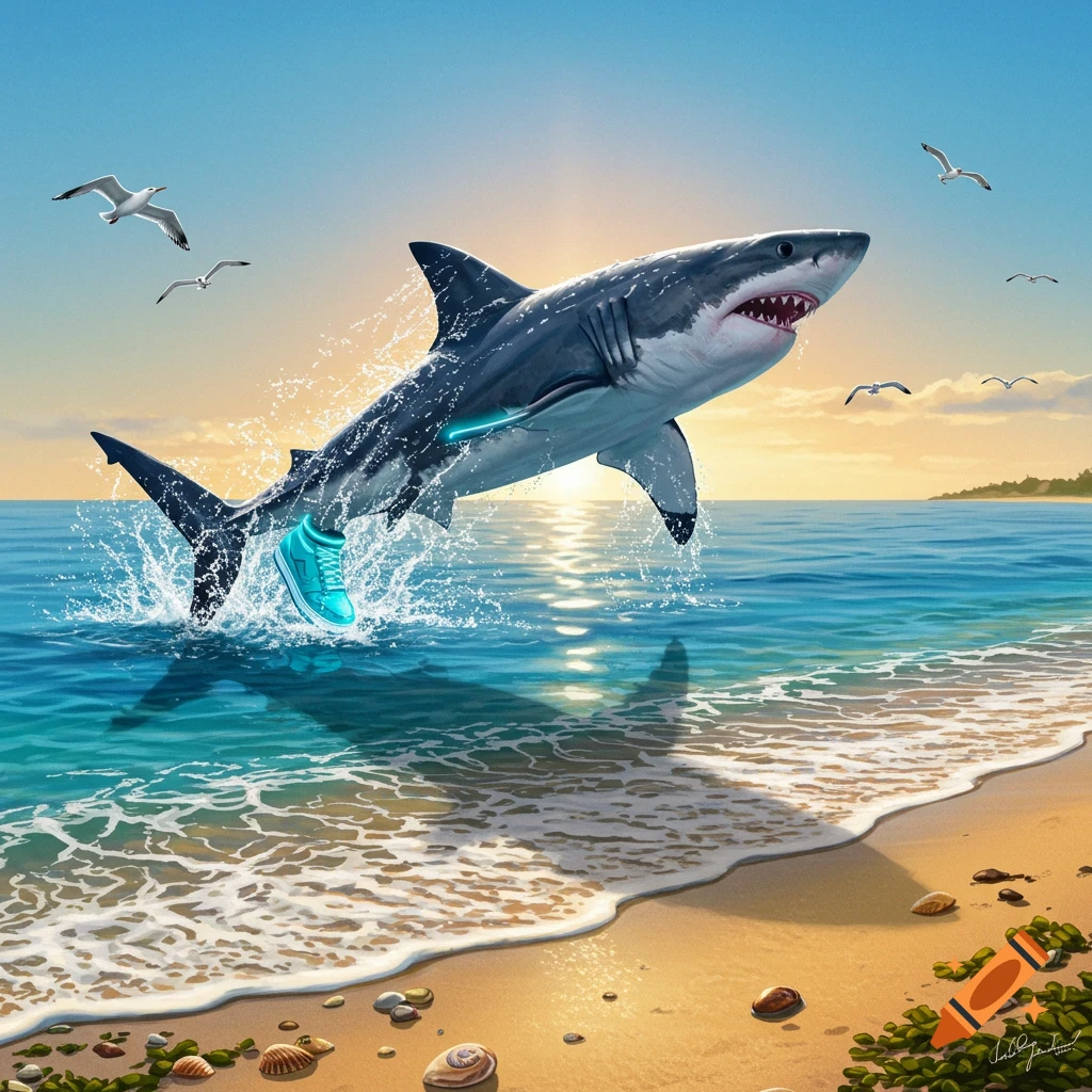 A great white shark wearing a bright blue sneaker jumps out of the ocean at a sunny beach with seagulls.