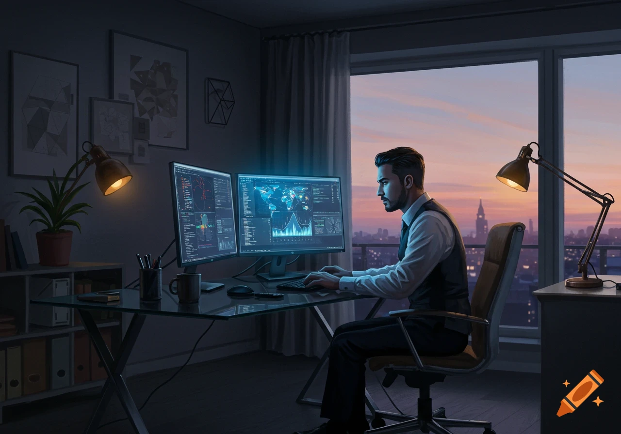 A man in a shirt and vest works at a computer desk with two monitors displaying data, overlooking a cityscape at sunset.