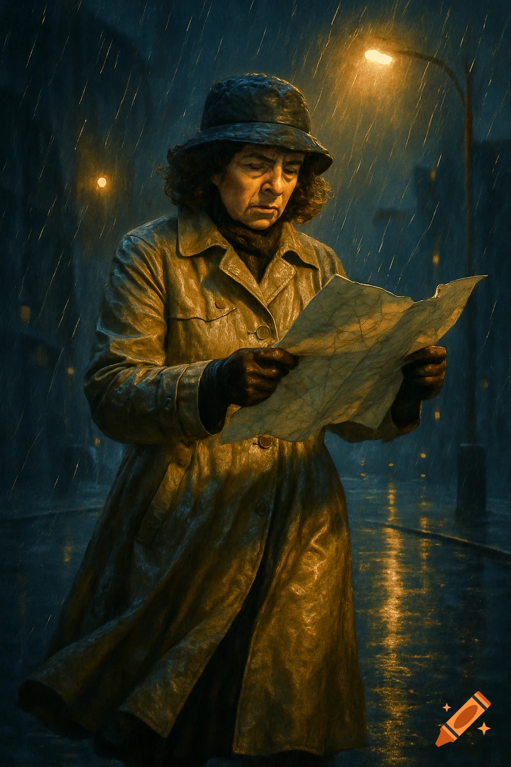 A woman in a trench coat and hat reads a wet map in the pouring rain under a streetlight at night.