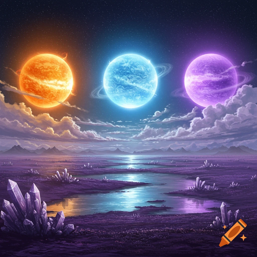 Vibrant alien landscape with orange sun, blue, and purple planets in a starry sky over purple terrain with crystals and reflective rivers.